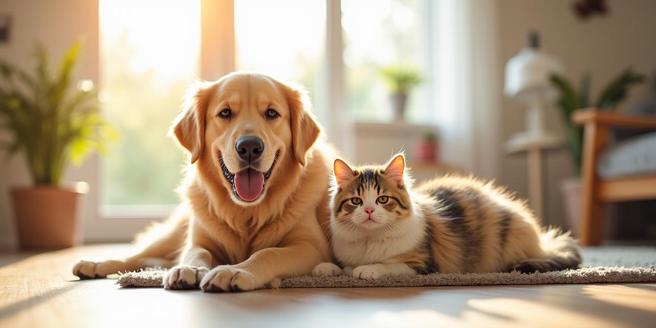 Cane e gatto rilassati in un ambiente domestico luminoso